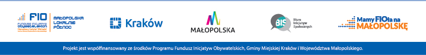 Belka projektowa FIO Małopolska Lokalnie z logotypami partnerów projektowych i informacją o dofinansowaniu
