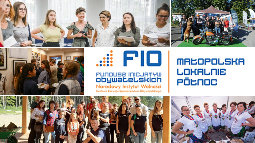 Grafika z logotypem projektu FIO Małopolska Lokalnie Północ i pięcioma zdjęciami grup realizatorów projektów Małopolska Lokalnie