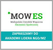 grafika z logotypem Małopolskiego Ośrodka Wsparcia Ekonomii Społecznej i tekstem Zapraszamy do Akademii Lidera NGO, Małopolska Zachodnia