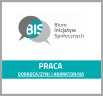 Grafika z logotypem Fundacji Biuro Inicjatyw Społecznych i tekstem: Praca doradca, doradczyni i animator, animatorka