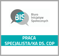 Grafika przedstawia logo fundacji BIS oraz tekst praca specjslista/tka do spraw COP
